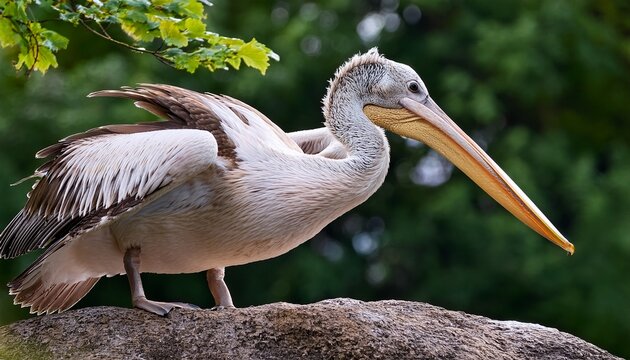 Pelican With Gray White And Brownish Feathers Is Preening Itself With Its Long Beak While On A Large Brown Rock Against A Blurred Green Tree And Leaf Background - Powered by Adobe