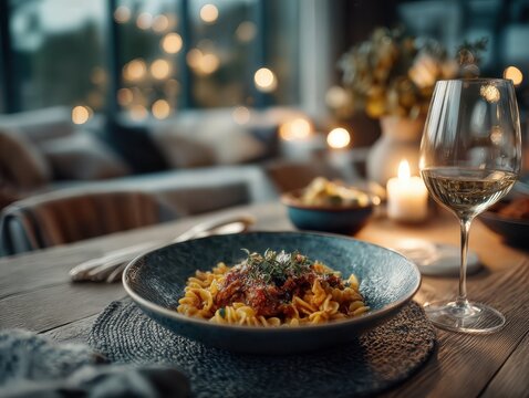A romantic dinner setting featuring pasta and wine on a wooden table 