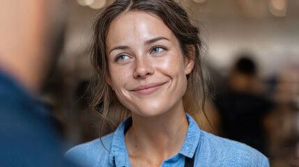 A woman smiles softly, engaged in a conversation, radiating warmth and approachability. Her gaze is gentle, hinting at a pleasant interaction