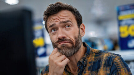 A thoughtful man contemplating a complex problem, with a serious expression and a hand on his chin. He appears focused