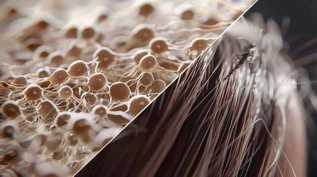 Photorealistic educational illustration of nanometer compared human hair close up magnification side by side clean scientific style