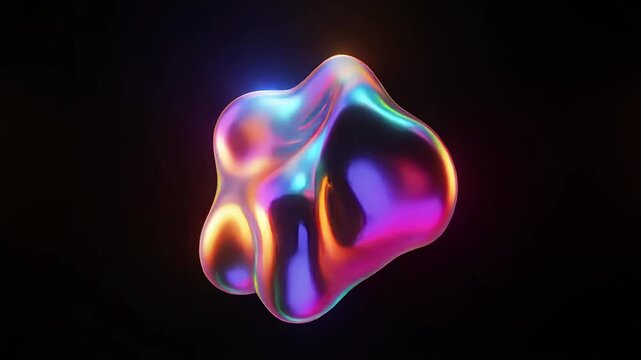 A seamless, looping, 3D abstract animation of a morphing liquid blob. This iridescent, colorful, and metallic element is isolated on a black background.