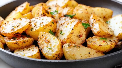 Golden Potato Wedges: A close-up shot of perfectly roasted golden potato wedges in a dark pan, seasoned with herbs. The enticing image captures the deliciousness and appeal of a classic side dish.