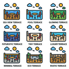 Fototapeta premium Diverse terrace views featuring sea, pool, and rustic design elements