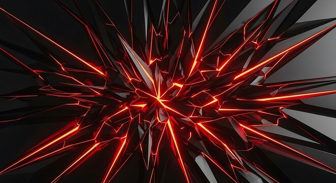 Dark geometric abstraction featuring red light bursts and sharp edges