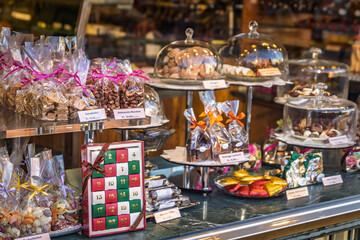 A festive display of Christmas sweets in a chocolate shop, Basel, Switzerland