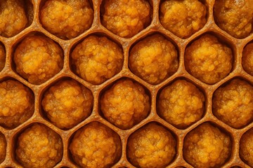 Close-up of Golden Bee Pollen Stored in Hexagonal Honeycomb Cells