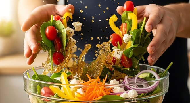Hands sprinkling fresh salad with vibrant colors and dynamic splash