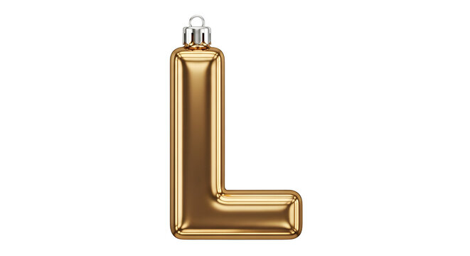 Letter L designed as a elegant gold Christmas ornament, with a smooth metallic shine and sharp, clean edges. Fully isolated on a white background.