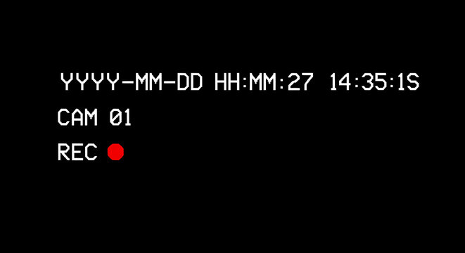 Modern video recording display showing date, time, camera number, and record indicator in a sleek digital format against a black background for media production needs.