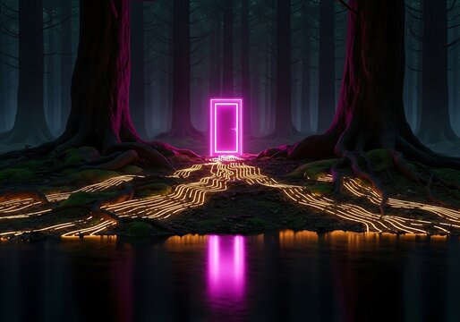 Mysterious illuminated doorway in shadowy forest leads to another world