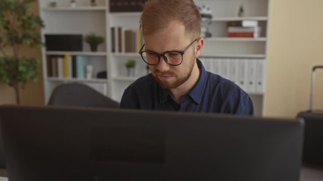 Young caucasian man wearing glasses points index finger up at computer monitor while seated at desk in office building; concentration.