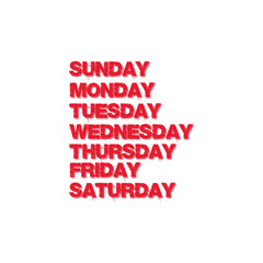 Days of the week: Sunday, Monday, Tuesday, Wednesday, Thursday, Friday, Saturday