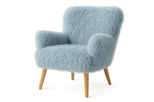 Light blue fuzzy armchair, soft comfortable furniture for home decor, modern cozy living room accent isolated