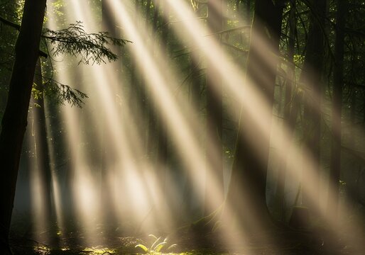 Sunbeams piercing through forest canopy, illuminating foliage below