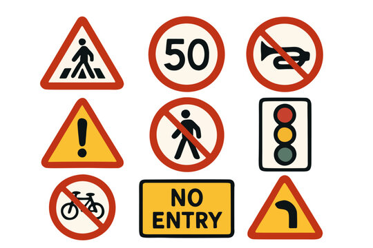 A collection of various flat design road signs and traffic symbols in minimalist style. Include pedestrian crossing, speed limit, no horn, warning sign, no entry, traffic light, no pedestrian