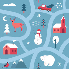 Vintage map winter seamless pattern with cute houses stars trees snowman. Cute Christmas design, Scandinavian style background. Vector illustration