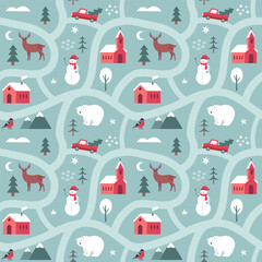 Vintage map winter seamless pattern with cute houses stars trees snowman. Cute Christmas design, Scandinavian style background. Vector illustration