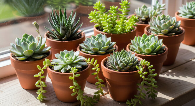 Assortment of vibrant potted succulents basking in natural window light.
A bright, close-up photograph showcasing a healthy collection of various succulent plants, including Echeveria, Sedum - Powered by Adobe