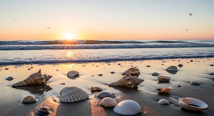 Gentle sunrise over sea and shells, serene beach scene with tranquil waves