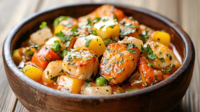 Gourmet Seafood Stew: An appetizing close-up of a seafood stew in a rustic bowl, brimming with a symphony of fresh ingredients. A culinary experience that promises a flavorful indulgence.