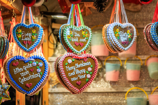 Heart shaped gingerbread Lebkuchen cookies at the Christmas Market in Zurich