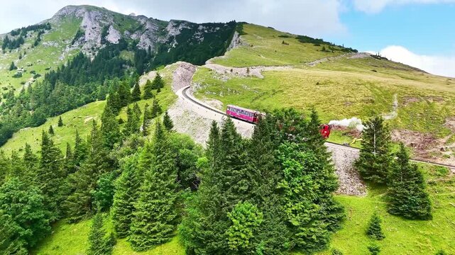 Drone Austria 4k. Schafberg Bahn, historic cog railway in Austria, it runs from St. Wolfgang up Schafberg mountain.&nbsp;popular summer travel tourism destination for hiking in Europe.