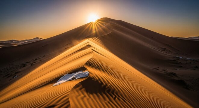 The sun rises over the golden sand dune, casting long shadows and highlighting the rippled texture of the sand, creating a serene desert landscape - Powered by Adobe