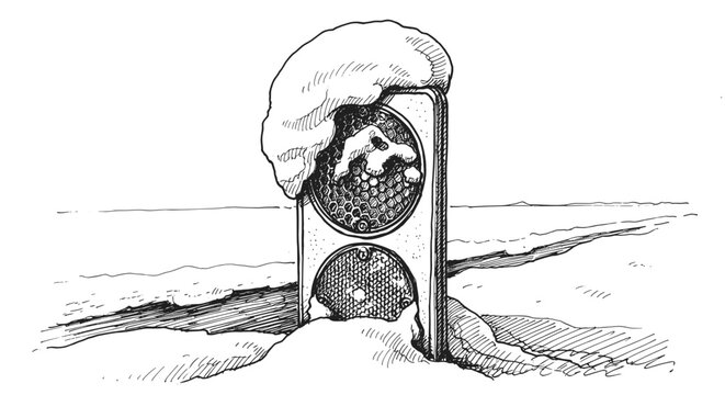 Ink drawing of snow on road reflector for winter safety illustration and editorial design