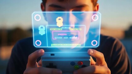 Boy playing on handheld console with holographic screen, neon retro gaming at sunset, with copy space - Powered by Adobe
