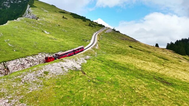 Drone Austria 4k. Schafberg Bahn, historic cog railway in Austria, it runs from St. Wolfgang up Schafberg mountain.&nbsp;popular summer travel tourism destination for hiking in Europe.