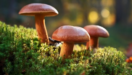 Fototapeta premium Edible Mushrooms Tricholoma Portentosum In Autumn Forest Among Moss