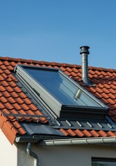 Neu eingedecktes Hausdach mit modernen Metallschindeln, inklusive metallverkleideter Schleppgaube, Schornstein, Dachrinne und funktionellem Schneefangsystem, Entw&auml;sserung, Dachrinne, Eigentum