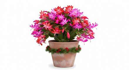 Naklejka premium Vibrant pink and red Christmas cactus in a terracotta pot adorned with festive greenery and berries isolated on white background