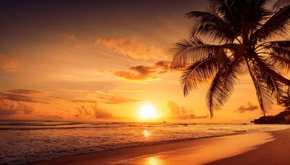 Fototapeta premium Tropical Beach With Palm Trees And Sunset In Orange Tone