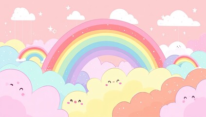 Pastel Rainbow over Cute Fluffy Clouds