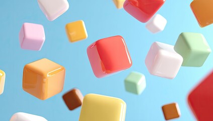 Colorful glossy cubes float on blue