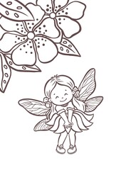 Cute Fairy Coloring Page – Kawaii Flower Fairy Line Art for Kids. Coloring sheet. Hand drawn line art illustration perfect for kids activities, children’s books, printable coloring sheets, nursery