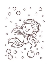 Cute Mermaid Coloring Page – Kawaii Underwater Illustration for Kids. Hand drawn line art illustration perfect for kids activities, children’s books, printable coloring sheets, nursery decor