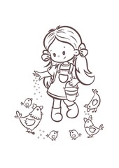Cute Farm Girl Coloring Page – Kawaii Child Feeding Chickens Line Art for Kids. Hand drawn line art illustration perfect for kids activities, children’s books, printable coloring sheets, nursery decor