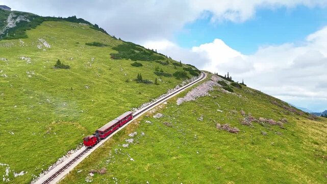 Drone Austria 4k. Schafberg Bahn, historic cog railway in Austria, it runs from St. Wolfgang up Schafberg mountain.&nbsp;popular summer travel tourism destination for hiking in Europe.