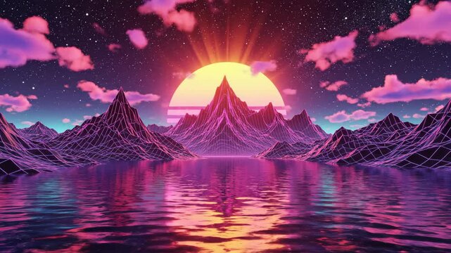 Retro Synthwave Sunset Over Neon Mountains and Reflective Lake.