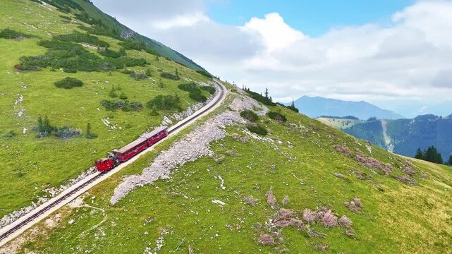 Drone Austria 4k. Schafberg Bahn, historic cog railway in Austria, it runs from St. Wolfgang up Schafberg mountain.&nbsp;popular summer travel tourism destination for hiking in Europe.