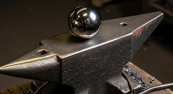 Metal sphere resting on an anvil reflecting workshop details craftsmanship design and metallurgy - Powered by Adobe