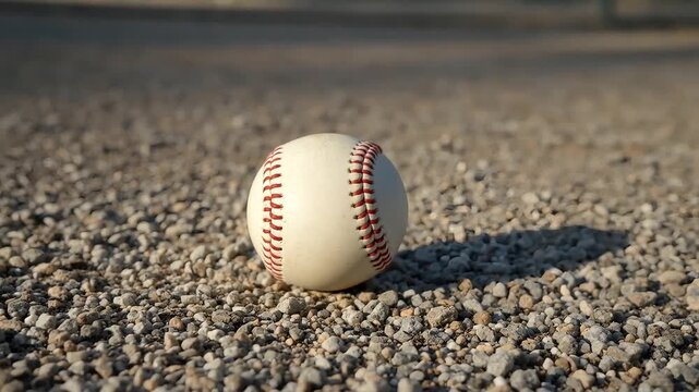 Close up of a classic white baseball with red stitching resting casually on a rough textured gravel field