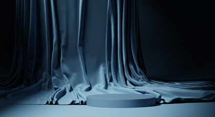 Obraz premium 3D display podium dark background. Luxury silk blue cloth . Glamour minimal pedestal for beauty, cosmetic product presentation. Copy space, template, studio 3d render 