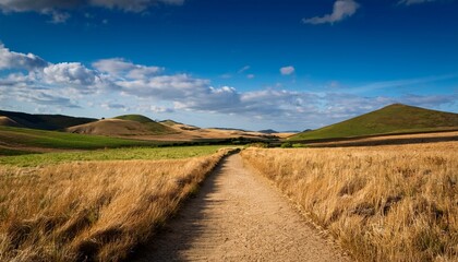 Fototapeta premium Dry Countryside Path Leading Through Arid Fields Toward Green Hills Under A Blue Sky