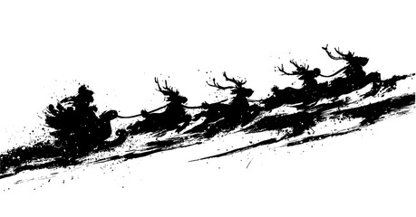 Santa and reindeer flying across a winter sky in expressive oriental brush strokes for festive Christmas design