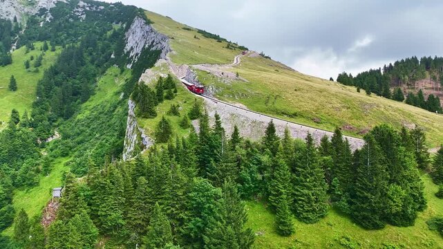 Drone Austria 4k. Schafberg Bahn, historic cog railway in Austria, it runs from St. Wolfgang up Schafberg mountain.&nbsp;popular summer travel tourism destination for hiking in Europe.