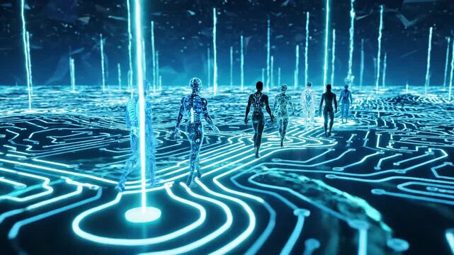 Digital Avatars Walking on Circuit Board in Futuristic Virtual Reality Environment. - Powered by Adobe